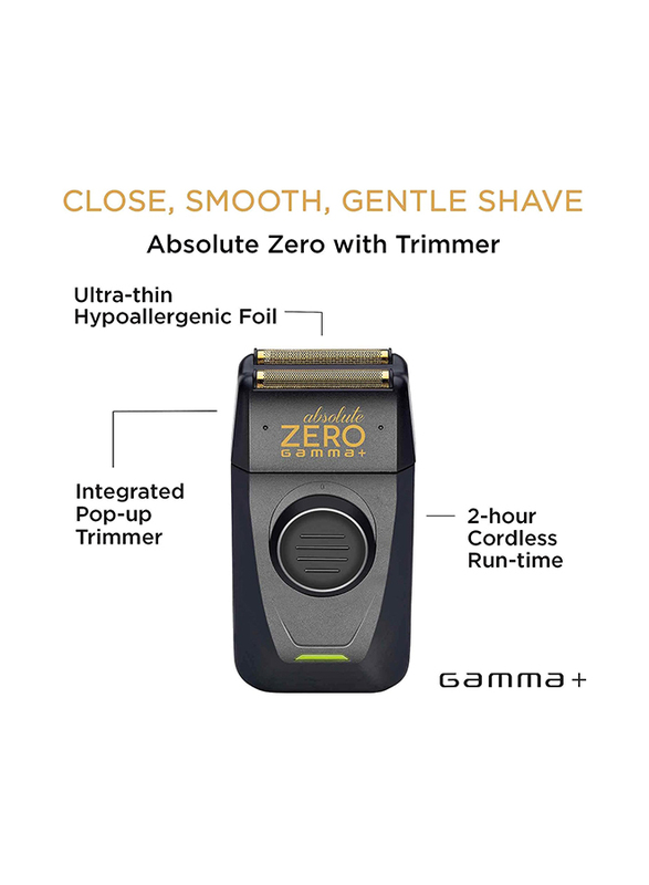 Gamma+ Absolute Zero Men's Cordless Foil Shaver with Built-in Retractable Trimmer, GPAZF-AMZ, Black