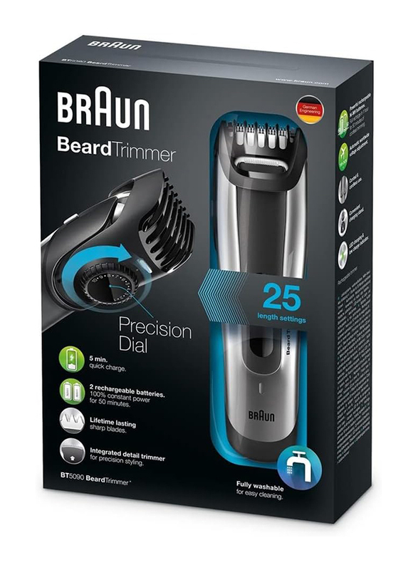 Braun Beard Trimmer with 2 Comb Attachments Charging Stand & Soft Pouch, BT5090, Black