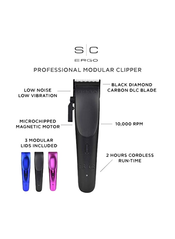 Stylecraft Ergo Professional Microchipped Magnetic Clipper with 5 Guards, Charging Stand, & 3 Customizable Colored Lids, Black/Pink/Blue