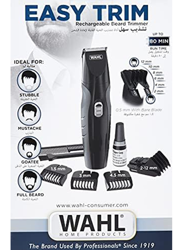 Wahl Easy Cordless Trim Rechargeable Beard Trimmer with 10 Cutting Lengths, Precision Blades Multipurpose Trimmer, Acculock 5 position Guide Comb, Black