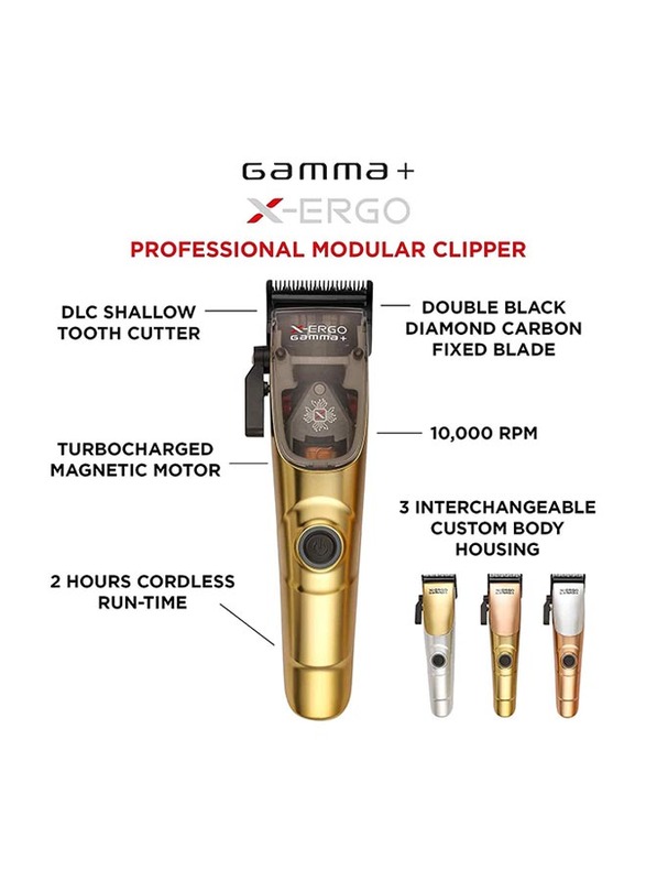 Gamma+ X-Ergo Professional Cordless Clipper 9V Microchipped Magnetic Motor with 3 Custom Lids in Matte Chrome, Multicolour