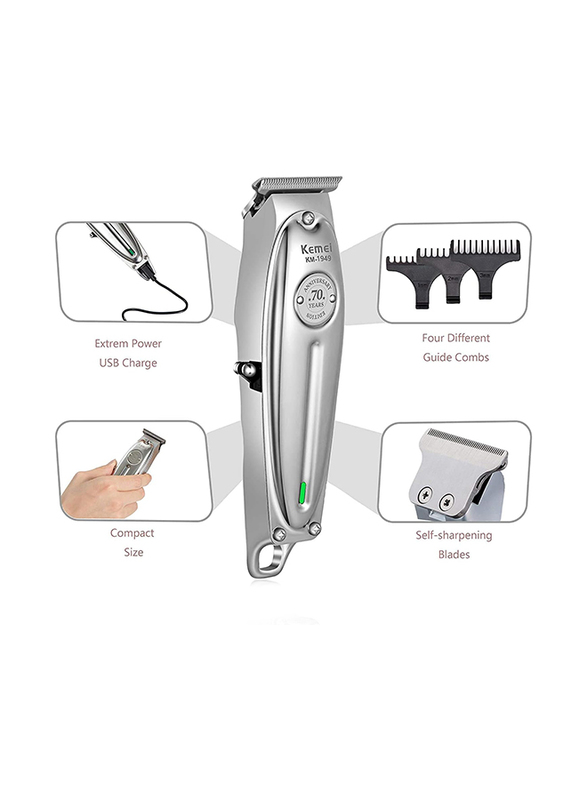 Kemei Original Professional Rechargeable & Cordless Hair Clipper, KM-1949, Silver