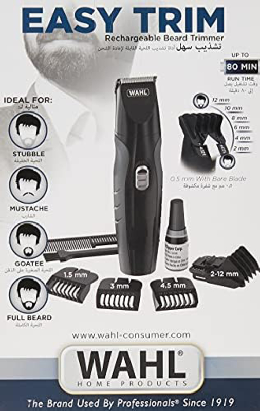 Wahl Easy Cordless Trim Rechargeable Beard Trimmer with 10 Cutting Lengths, Precision Blades Multipurpose Trimmer, Acculock 5 position Guide Comb, Black