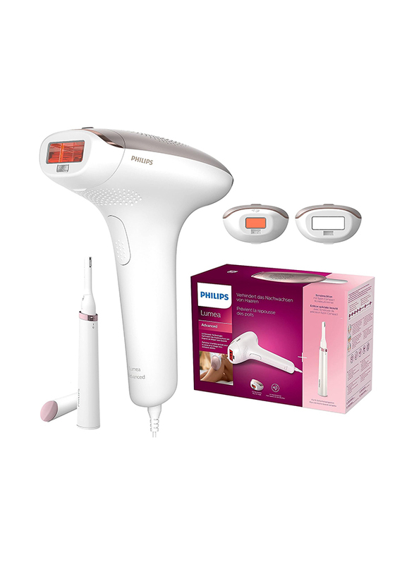 Philips Lumea Advanced Ipl Hair Removal Device with 2 Attachment Complimentary Facial Hair Remover Touch-Up Trimmer 3 Pin, Bri92160, White
