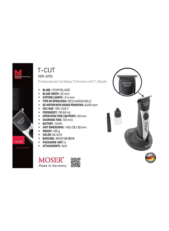 Moser T-Cut Professional Cord-Cordless Trimmer with T-Blade, 1591-0170, Black/Silver