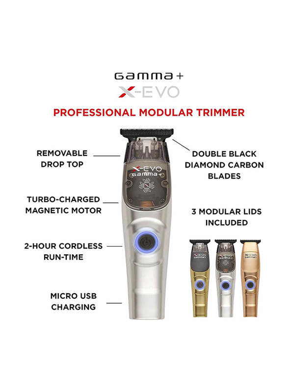 Gamma+ X-evo 3-Piece Trimmer Microchipped Magnetic Motor with Interchangeable Lids 3 Guards & Charging Stand, Multicolour