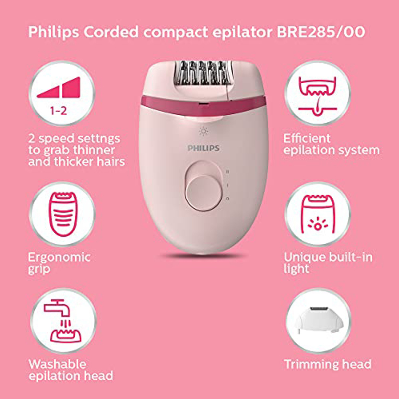 Philips Corded Compact Epilator with Opti-light for Legs, Arms & Underarms, BRE285/00, Pink