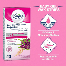 Veet Hair Removal Easy-Gel Body & Legs Wax Strips for Normal Skin, 2 x 20 Strips