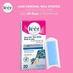 Veet Hair Removal Easy-Gel Body & Legs Wax Strips for Sensitive Skin, 2 x 20 Strips