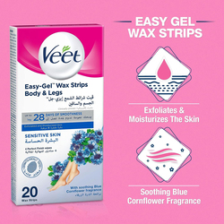 Veet Hair Removal Easy-Gel Body & Legs Wax Strips for Sensitive Skin, 2 x 20 Strips