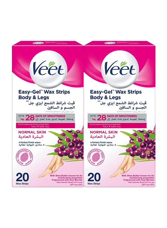 Veet Hair Removal Easy-Gel Body & Legs Wax Strips for Normal Skin, 2 x 20 Strips