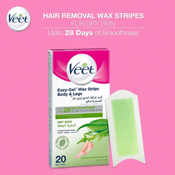 Veet Hair Removal Easy-Gel Body & Legs Wax Strips for Dry Skin, 2 x 20 Strips