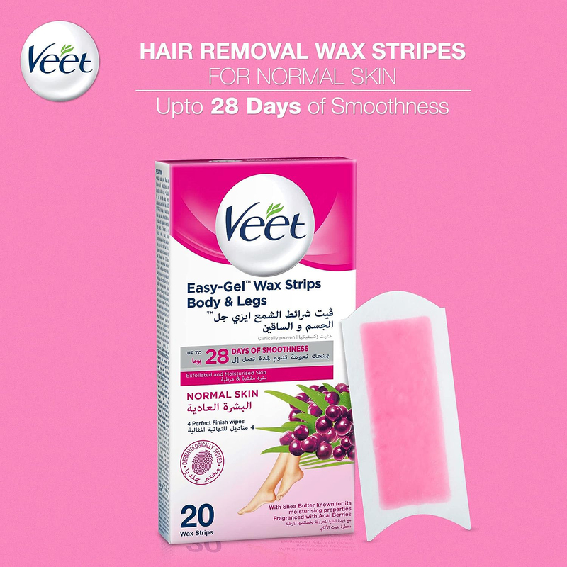 Veet Hair Removal Easy-Gel Body & Legs Wax Strips for Normal Skin, 2 x 20 Strips