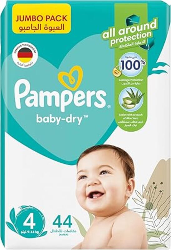 Pampers Baby-Dry Taped Diapers with Aloe Vera Lotion, up to 100% Leakage Protection, Size 4, 9-14kg, 44 Count