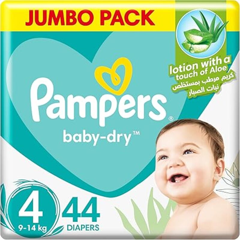 Pampers Baby-Dry Taped Diapers with Aloe Vera Lotion, up to 100% Leakage Protection, Size 4, 9-14kg, 44 Count