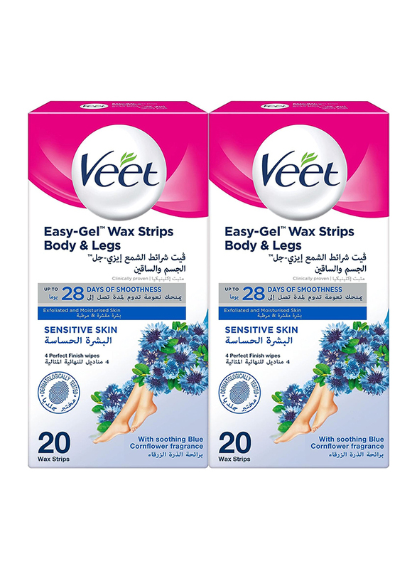 Veet Hair Removal Easy-Gel Body & Legs Wax Strips for Sensitive Skin, 2 x 20 Strips