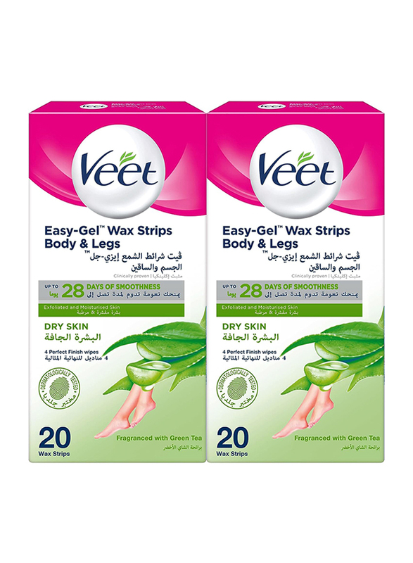 Veet Hair Removal Easy-Gel Body & Legs Wax Strips for Dry Skin, 2 x 20 Strips