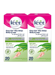 Veet Hair Removal Easy-Gel Body & Legs Wax Strips for Dry Skin, 2 x 20 Strips