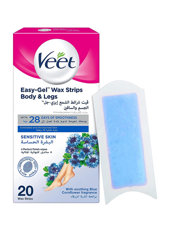 Veet Hair Removal Easy-Gel Body & Legs Wax Strips for Sensitive Skin, 20 Strips