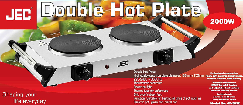 JEC Double Electric Hot Plate, 2500W, CP-5832, Silver/Black