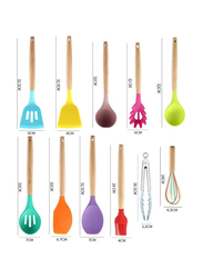 Prime 12-Piece Utensils for Kitchen Silicone Cooking Set with Wooden Holder, Multicolour