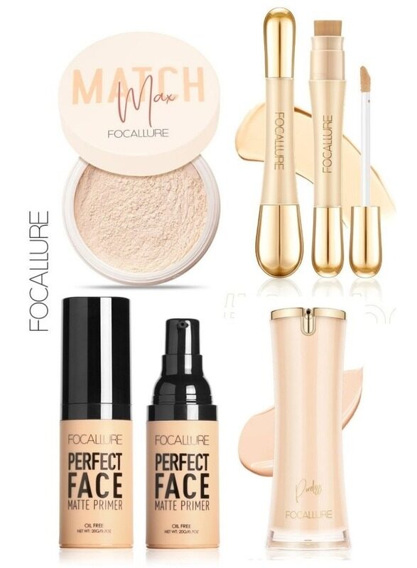 

Focallure Set of Perfect Face Matte Primer + Concealer with High Cover Brush Soft Matte Complete Concealer -#1 + Perfect Base Lasting Poreless Liquid Foundation