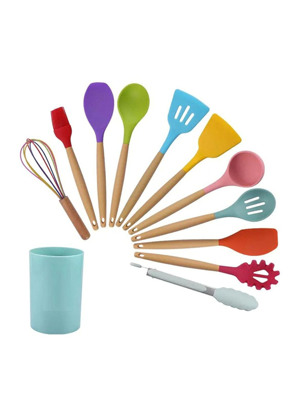 Prime 12-Piece Utensils for Kitchen Silicone Cooking Set with Wooden Holder, Multicolour
