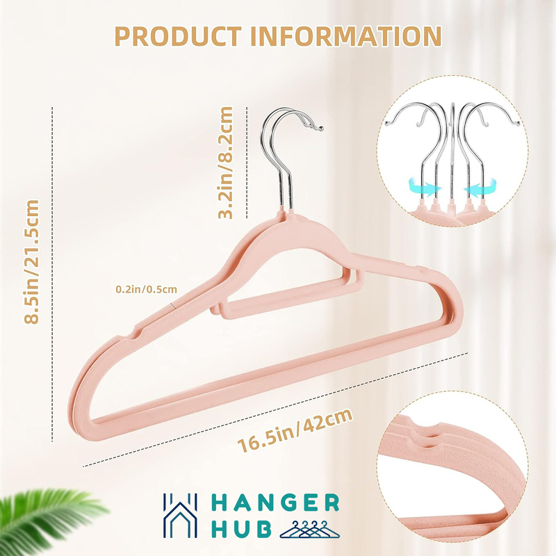 Hanger Hub 50-Piece Non-Slip Space Saving Velvet Clothes Hangers with Tie Bar, Blush Pink
