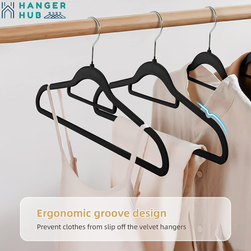 Hanger Hub 100-Piece Non-Slip Space Saving Velvet Clothes Hangers with Tie Bar, Black