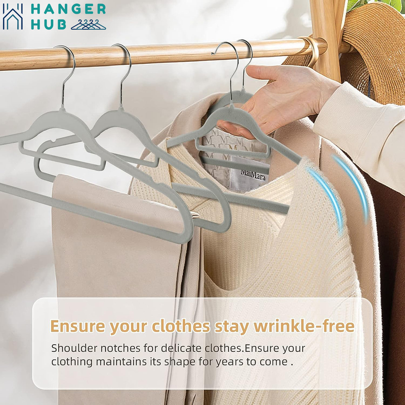 Hanger Hub 50-Piece Non-Slip Space Saving Velvet Clothes Hangers with Tie Bar, Grey