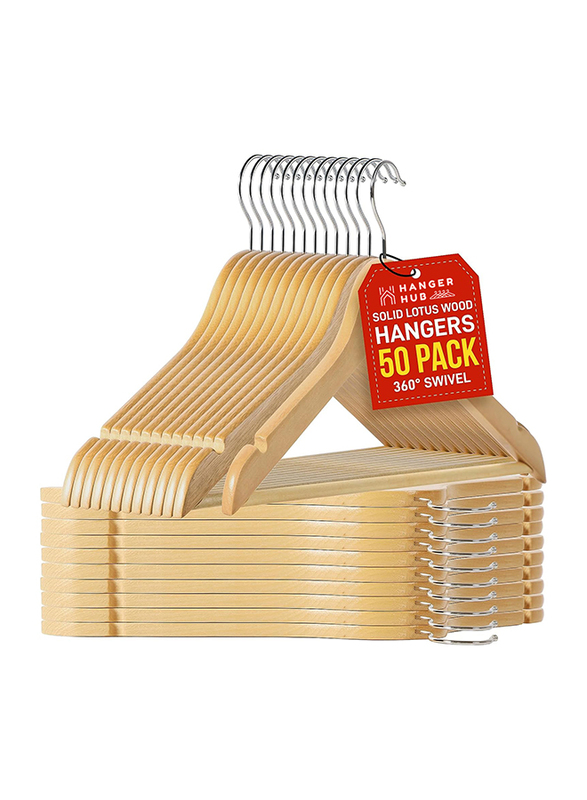 Hanger Hub 50-Piece Strong Wooden Hangers with Silver Chrome Hooks, Natural Wood