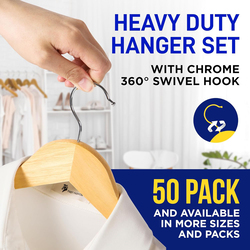 Hanger Hub 50-Piece Strong Wooden Hangers with Silver Chrome Hooks, Natural Wood