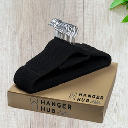 Hanger Hub 75-Piece Non-Slip Space Saving Velvet Clothes Hangers with Tie Bar, Black
