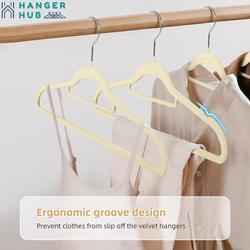 Hanger Hub 100-Piece Non-Slip Space Saving Clothes Velvet Hangers with Tie Bar, Beige