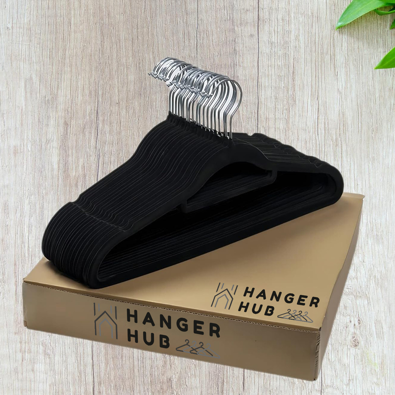 Hanger Hub 50-Piece Non-Slip Space Saving Clothes Velvet Hangers with Tie Bar, Black