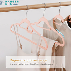 Hanger Hub 100-Piece Non-Slip Space Saving Velvet Clothes Hangers with Tie Bar, Blush Pink
