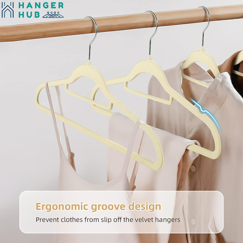 Hanger Hub 50-Piece Non-Slip Space Saving Velvet Clothes Hangers with Tie Bar, Beige