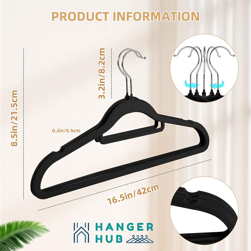 Hanger Hub 20-Piece Non-Slip Space Saving Velvet Clothes Hangers with Tie Bar, Black