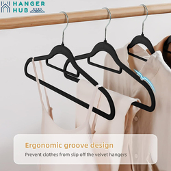 Hanger Hub 100-Piece Non-Slip Space Saving Clothes Velvet Hangers with Tie Bar, Black