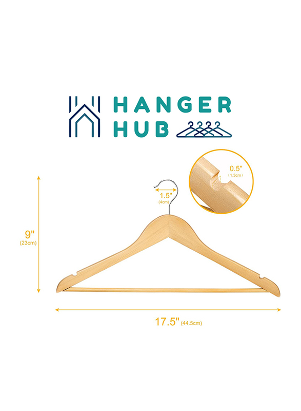 Hanger Hub 15-Piece Strong Wooden Hangers with Silver Chrome Hooks, Natural Wood