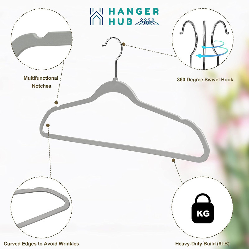 Hanger Hub 50-Piece Non-Slip Space Saving Premium Velvet Clothes Hangers, Grey