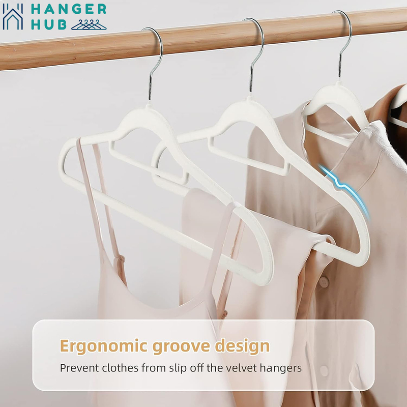 Hanger Hub 50-Piece Non-Slip Space Saving Velvet Clothes Hangers with Tie Bar, White