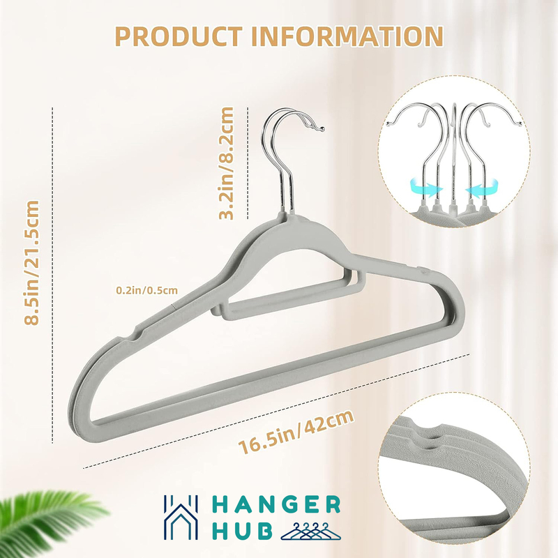 Hanger Hub 100-Piece Non-Slip Space Saving Velvet Clothes Hangers with Tie Bar, Grey