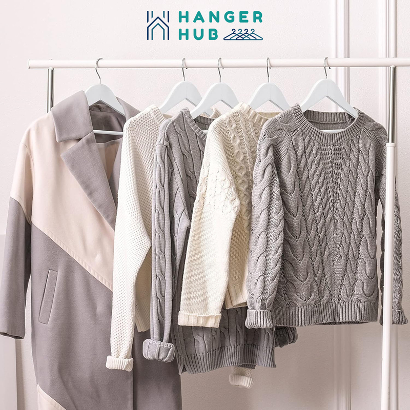 Hanger Hub 60-Piece Strong Wooden Hangers with Silver Chrome Hooks, White