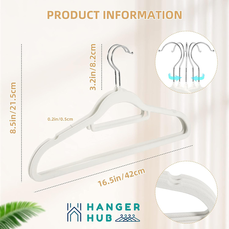 Hanger Hub 50-Piece Non-Slip Space Saving Velvet Clothes Hangers with Tie Bar, White
