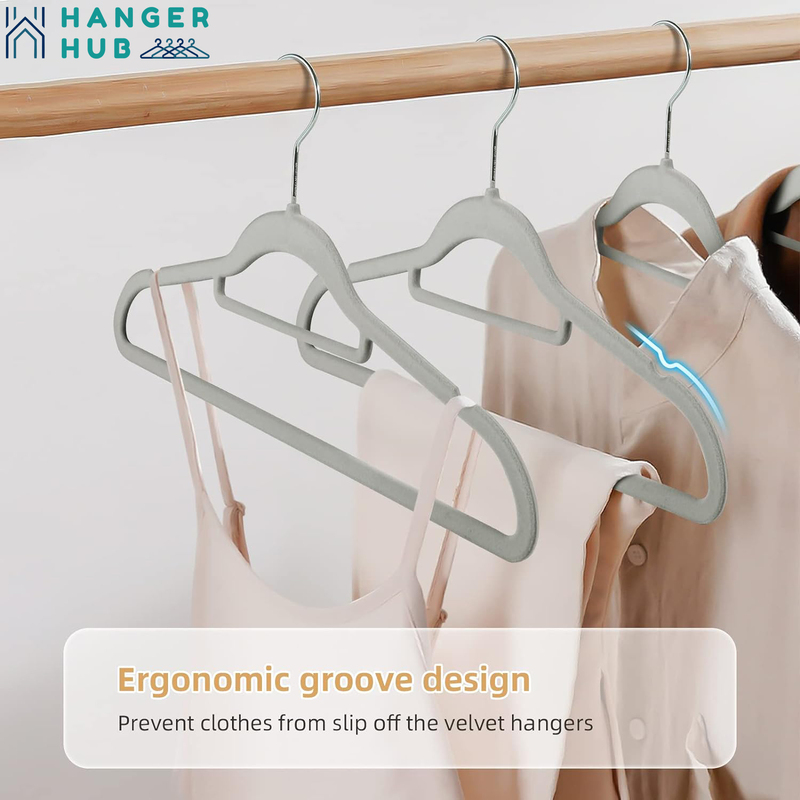 Hanger Hub 100-Piece Non-Slip Space Saving Clothes Velvet Hangers with Tie Bar, Grey