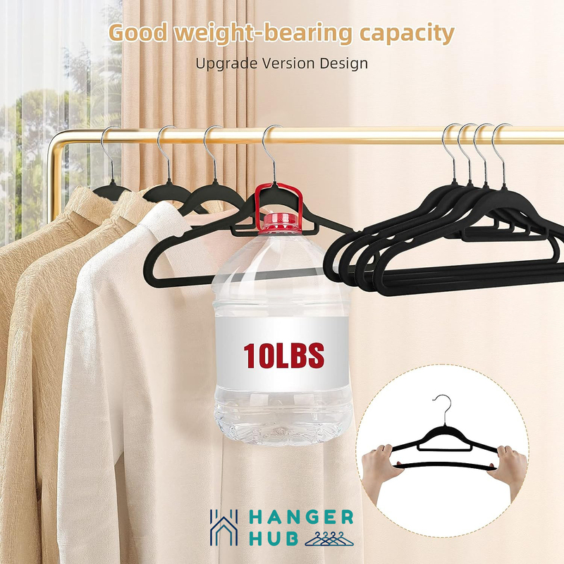 Hanger Hub 100-Piece Non-Slip Space Saving Velvet Clothes Hangers with Tie Bar, Black