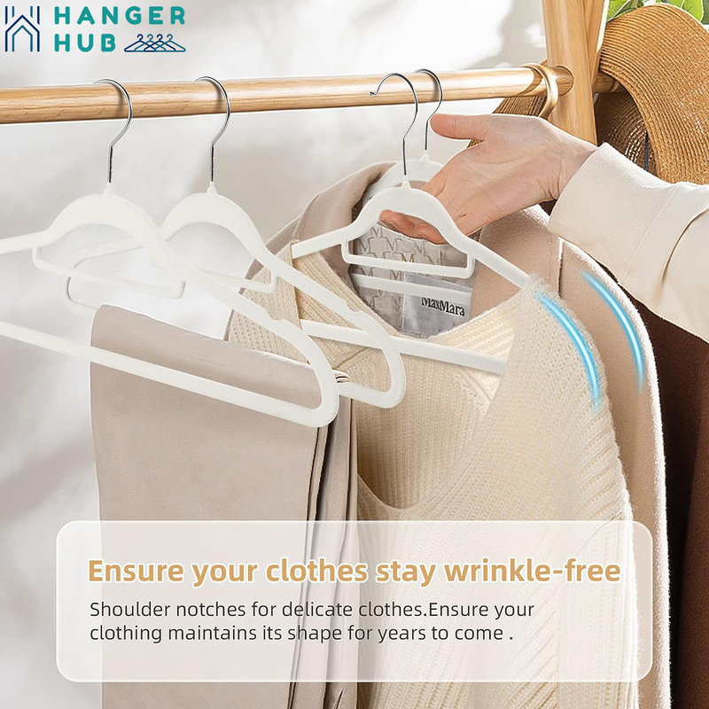 Hanger Hub 75-Piece Non-Slip Space Saving Velvet Clothes Hangers with Tie Bar, White