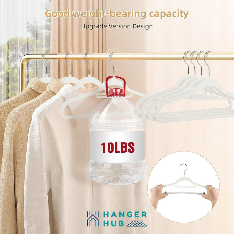 Hanger Hub 100-Piece Non-Slip Space Saving Velvet Clothes Hangers with Tie Bar, White