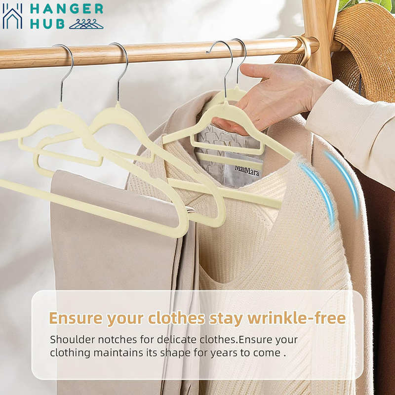 Hanger Hub 50-Piece Non-Slip Space Saving Clothes Velvet Hangers with Tie Bar, Beige